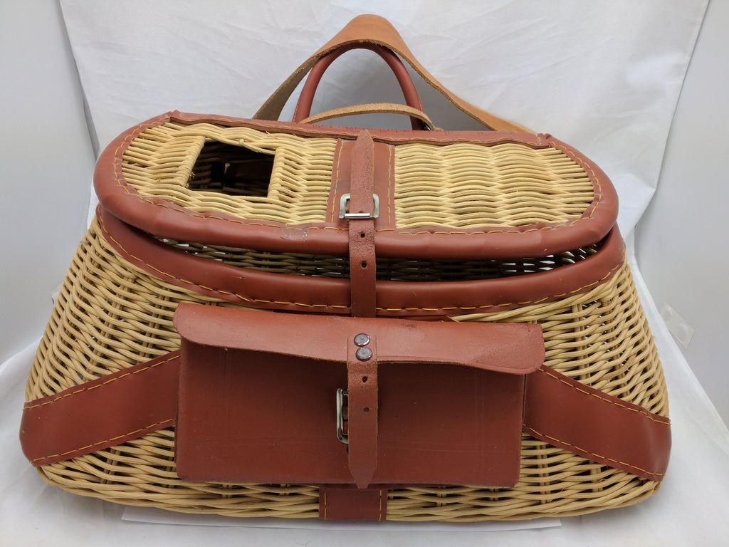 Antique British Hong Kong Wicker and Leather Fishing Creel or
