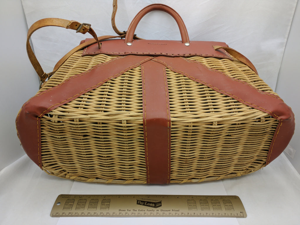 Vintage british Hong Kong Wicker Fishing Creel With Leather Trim