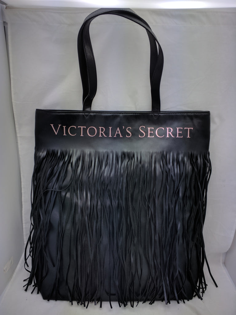 VICTORIAS SECRET Black faux leather Fringe Tote Bag purse large – Pocatello  Market