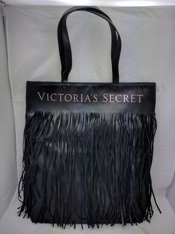 VICTORIAS SECRET Black faux leather Fringe Tote Bag purse large