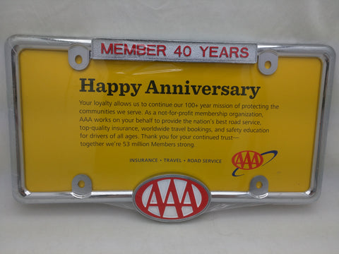 Member 40 Years AAA License Plate Frame Metal New