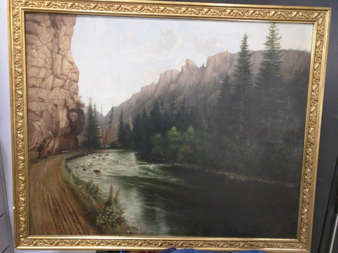 Original 1899 J.E. Burgess Canvas Oil Painting 38X31 Framed Landscape River Road Canyon