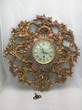 G 758 Gilt  Wind Up SYROCO SYRACUSE 8 Day Jeweled Floral Wall CLOCK Hollywood Regency Scroll