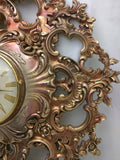 G 758 Gilt  Wind Up SYROCO SYRACUSE 8 Day Jeweled Floral Wall CLOCK Hollywood Regency Scroll