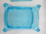 BLUE Cook STOVE Sad Iron DEPRESSION GLASS COVERED CANDY Dish Container VTG