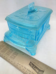 BLUE Cook STOVE Sad Iron DEPRESSION GLASS COVERED CANDY Dish Container VTG