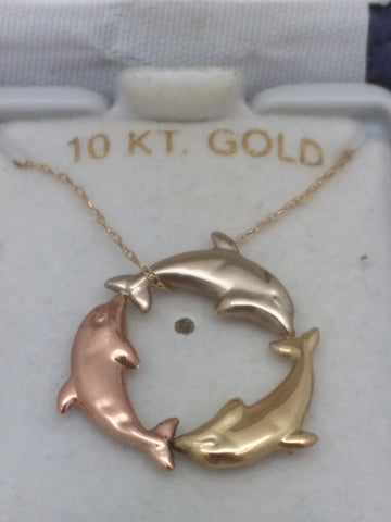 10K Tri-Color Gold Three 3 Dolphin Pendant Charm Necklace