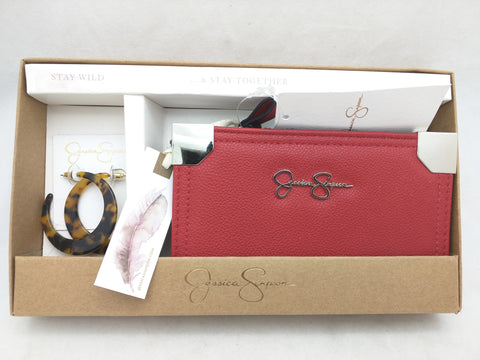 NEW RED Jessica Simpson Zip Wallet Clutch Fold CC Earring Set $52 MSRP Stay Wild Carnelian