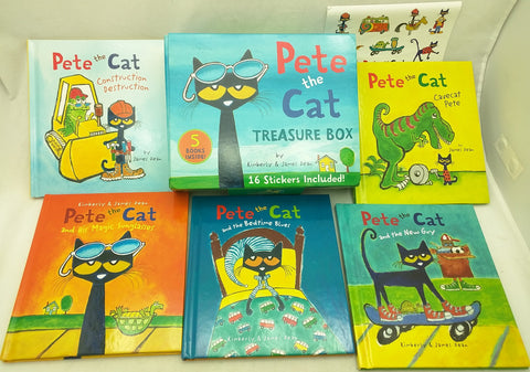 5 Pete The Cat Treasure Box Book Set 11 Stickers Dean Sunglasses Blues New Guy Construction Destruction Cavecat