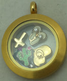 ORIGAMI OWL Round Locket Pendant FLOATING 5 CHARMS Grandma Cross Cactus