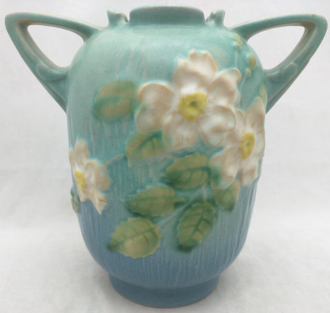 AS-IS 6" Double Handle Roseville Pottery Blue w/ Whit Flowers 1940 Vase 979-6