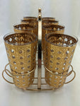8 Mid-century modern gold glasses and carrier vintage