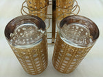 8 Mid-century modern gold glasses and carrier vintage