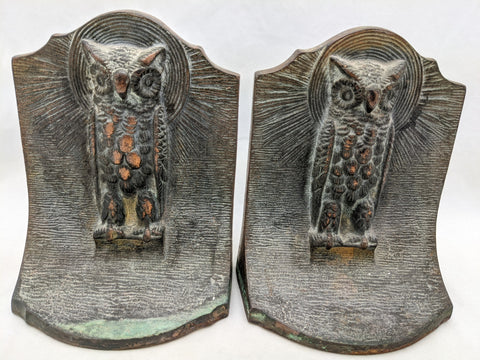 Owl Bookends Art Deco Brass with Sunburst Pattern Vintage Set Pair
