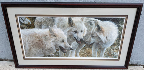 44X25 Tundra Summit Carl Brender White Arctic 3 Wolves Signed Numbered Print Framed Art