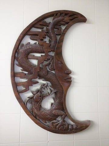 Crescent Moon Face Chinese Dragon Wall Carving Wood